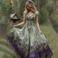 Classy Gradient Purple Lavender And Floral Embroidered Linen Maxi Dress elevenforest
