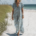 Women's Vintage Floral Art Print V Neck Casual Midi Dress elevenforest