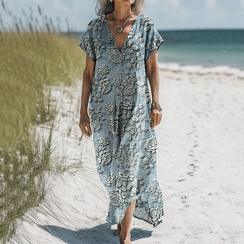 Women's Vintage Floral Art Print V Neck Casual Midi Dress elevenforest