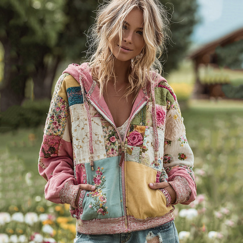Women's Vintage Floral Patchwork Cozy Warm Zipper Hoodie elevenforest