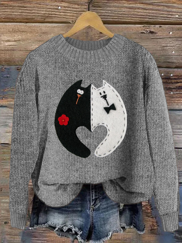 Love Cat Print Crew Neck Cozy Sweater elevenforest