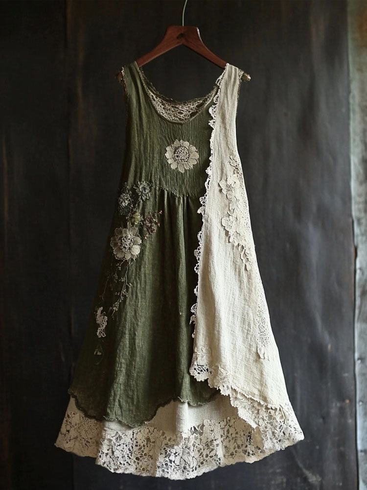 Vintage Floral Lace Patchwork Comfy Linen Tank Dress elevenforest