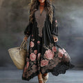 Women's Vintage Floral Art Flowy Linen Blend Casual V Neck Long Sleeve Maxi Dress elevenforest