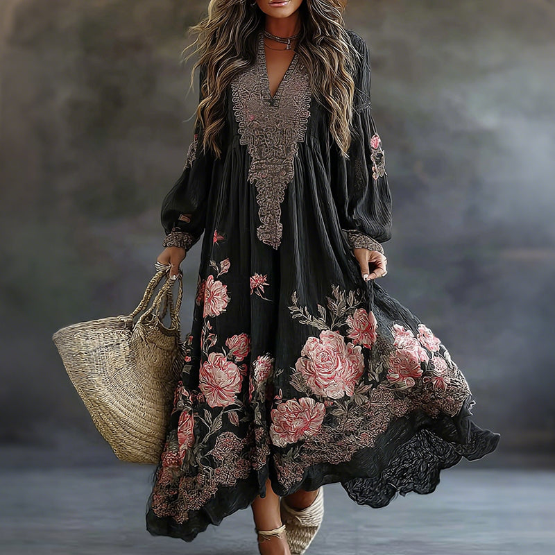 Women's Vintage Floral Art Flowy Linen Blend Casual V Neck Long Sleeve Maxi Dress elevenforest