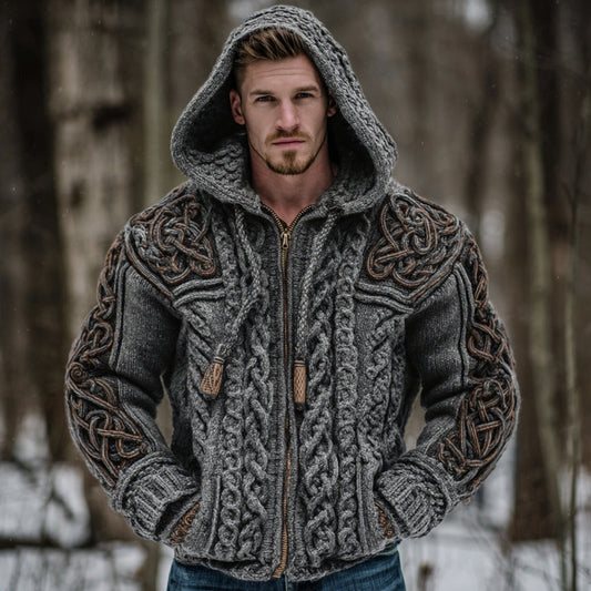 Men's Vintage Viking Celtic Knot Art Chunky Knit Hooded Zip-up Sweater artswardrobe