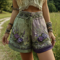 Classy Gradient Purple Lavender And Floral Embroidered Linen Shorts elevenforest