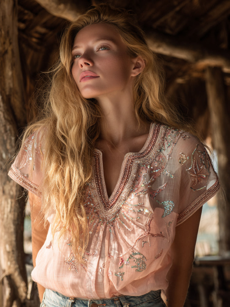 Women's Marine Series Starfish Print V-neck Top elevenforest