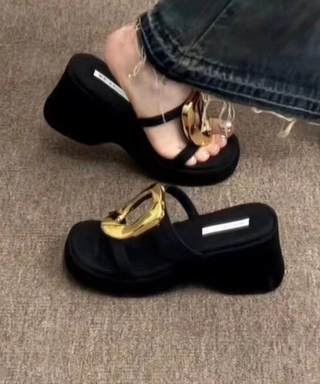 Original Design Black Sequined Splicing Wedge Heels Slide Sandals Aa025