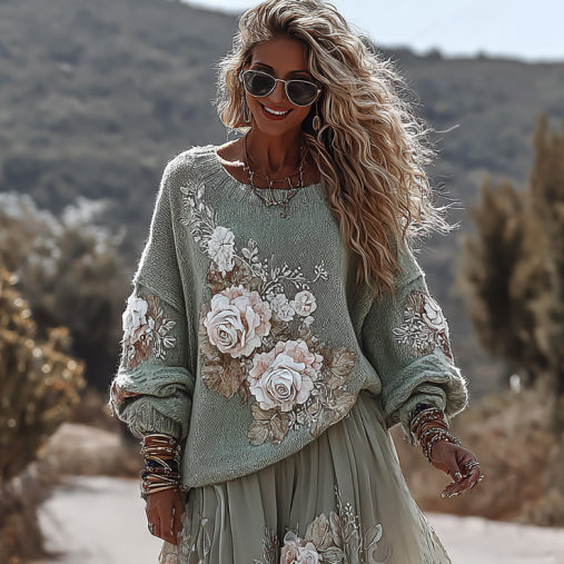 Classic Rose Art Cozy Knit Round Neck Sweater And Linen Skirt Two-piece Set elevenforest