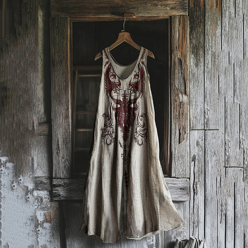 Women's Vintage Viking Dragon Print Cotton And Linen Dress elevenforest