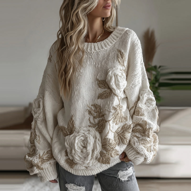 Women's Vintage White Rose Art Cozy Knit Sweater elevenforest