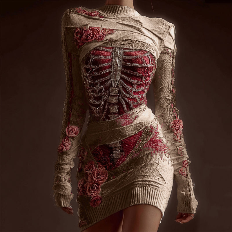 Classy Skeleton Anatomy Bloody Roses Bandages Knit Sweater Dress artswardrobe
