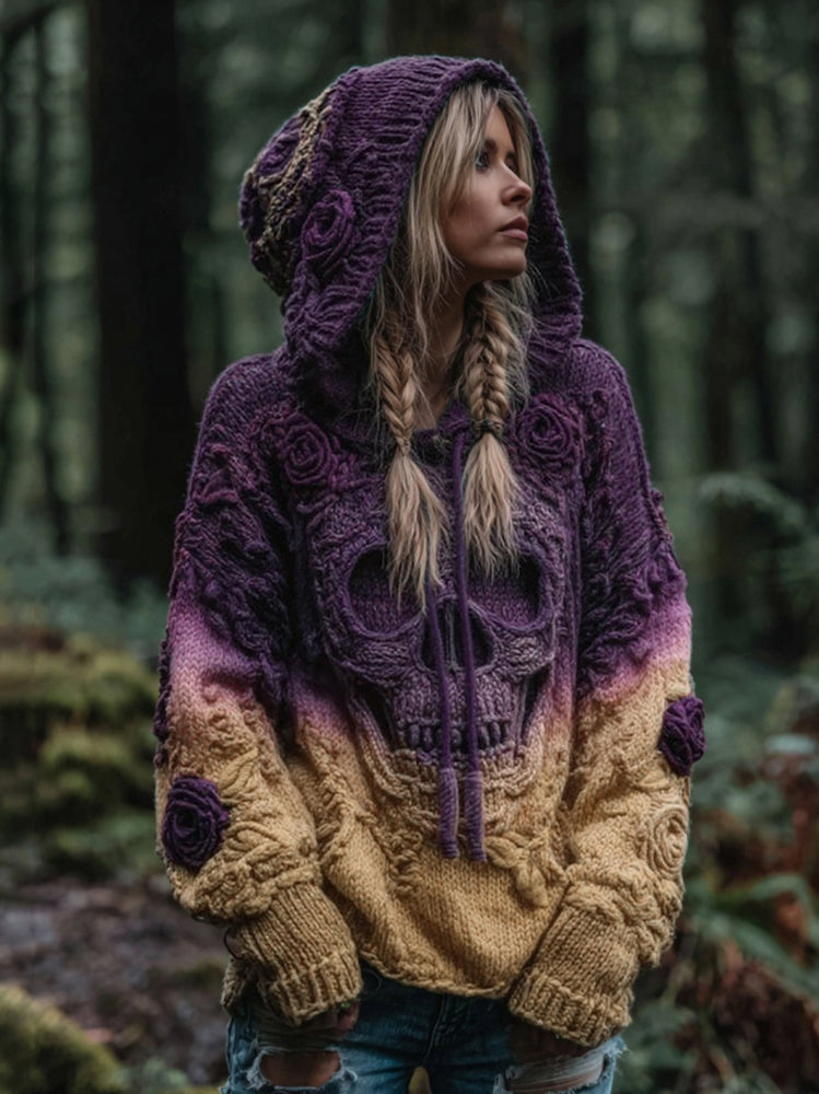 Women's Vintage Viking Skull And Rose Gradient Art Knit Hooded Sweater elevenforest