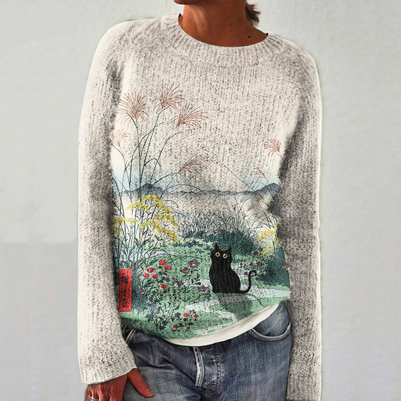 Flowers & Black Cat Art Print Women's Sweater elevenforest