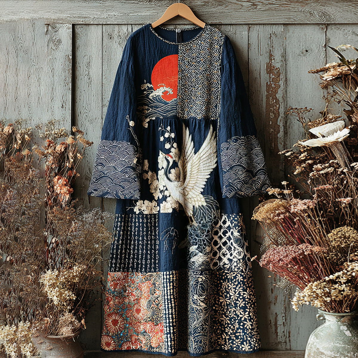 Women's Retro Japanese Crane And Sunset Art Linen Blend Round Neck Dress elevenforest