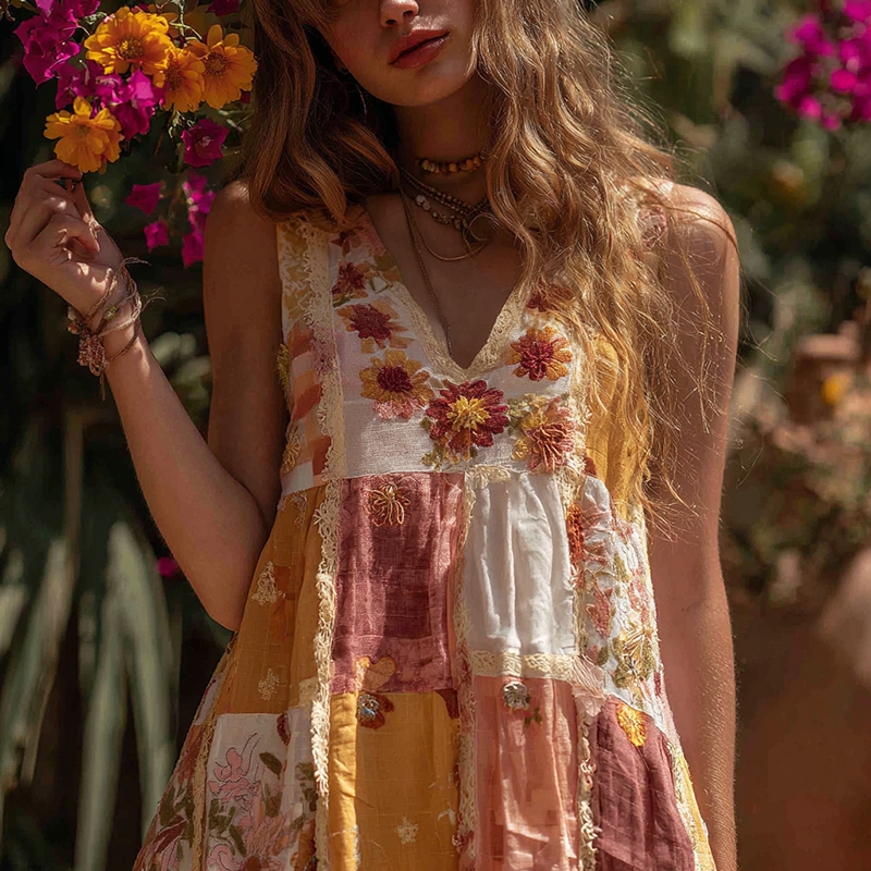 Women's Vintage Floral Color Block Linen Sleeveless Tank Top elevenforest