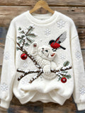 Christmas Cat & Bird Embroidered Women's Soft Plush Sweater elevenforest