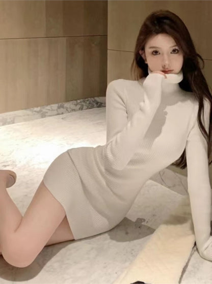 Korean Style Knitted Dress Long Sleeve Turtleneck Autumn Simple Mini Dresser Y2k Wrap Hip Vestidos New