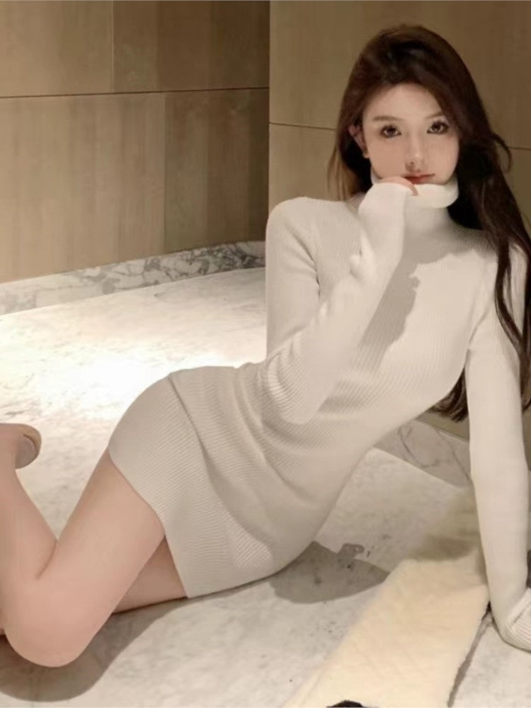 Korean Style Knitted Dress Long Sleeve Turtleneck Autumn Simple Mini Dresser Y2k Wrap Hip Vestidos New