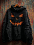 Halloween Spooky Pumpkin Frayed Cozy Knit Hooded Sweater elevenforest