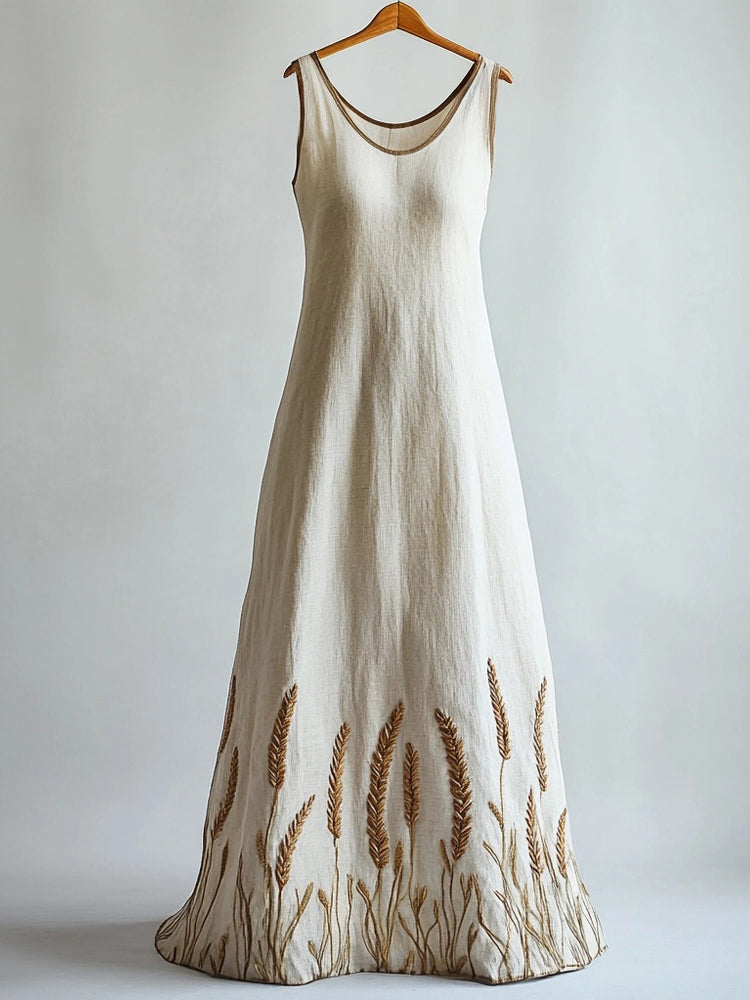 Lammas Wheat Embroidered Linen Maxi Tank Dress elevenforest