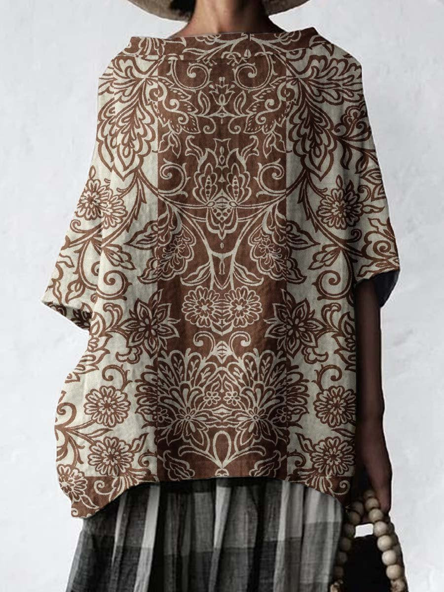 Women's Classic Retro Art Geometric Pattern Cotton and Linen Top