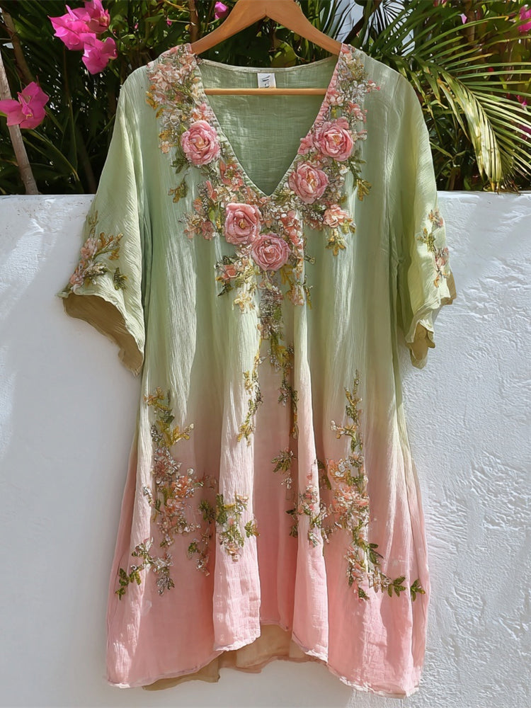 Boho Vintage Floral Embroidery Gradient Art Women's V-neck Loose Mini Dress elevenforest