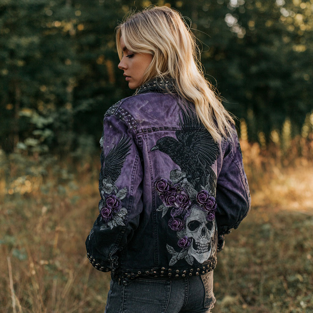 Halloween Raven Skull Rose Embroidery Beaded Washed Denim Jacket elevenforest