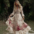 Women's Vintage Pink Roses Embroidery Art V-neck Long Sleeves Maxi Dress elevenforest