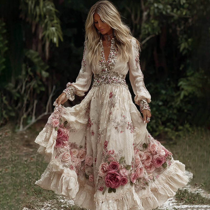 Women's Vintage Pink Roses Embroidery Art V-neck Long Sleeves Maxi Dress elevenforest