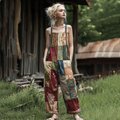 Women's Retro Floral Patchwork Linen Print Cotton Linen Jumpsuit elevenforest