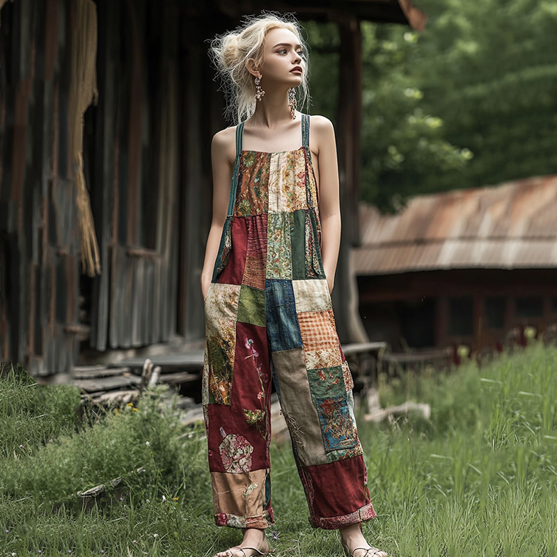 Women's Retro Floral Patchwork Linen Print Cotton Linen Jumpsuit elevenforest