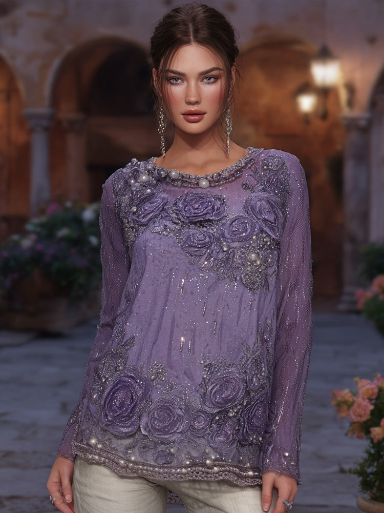 Elegant Glitter Purple Roses Embroidered Linen Tunic elevenforest