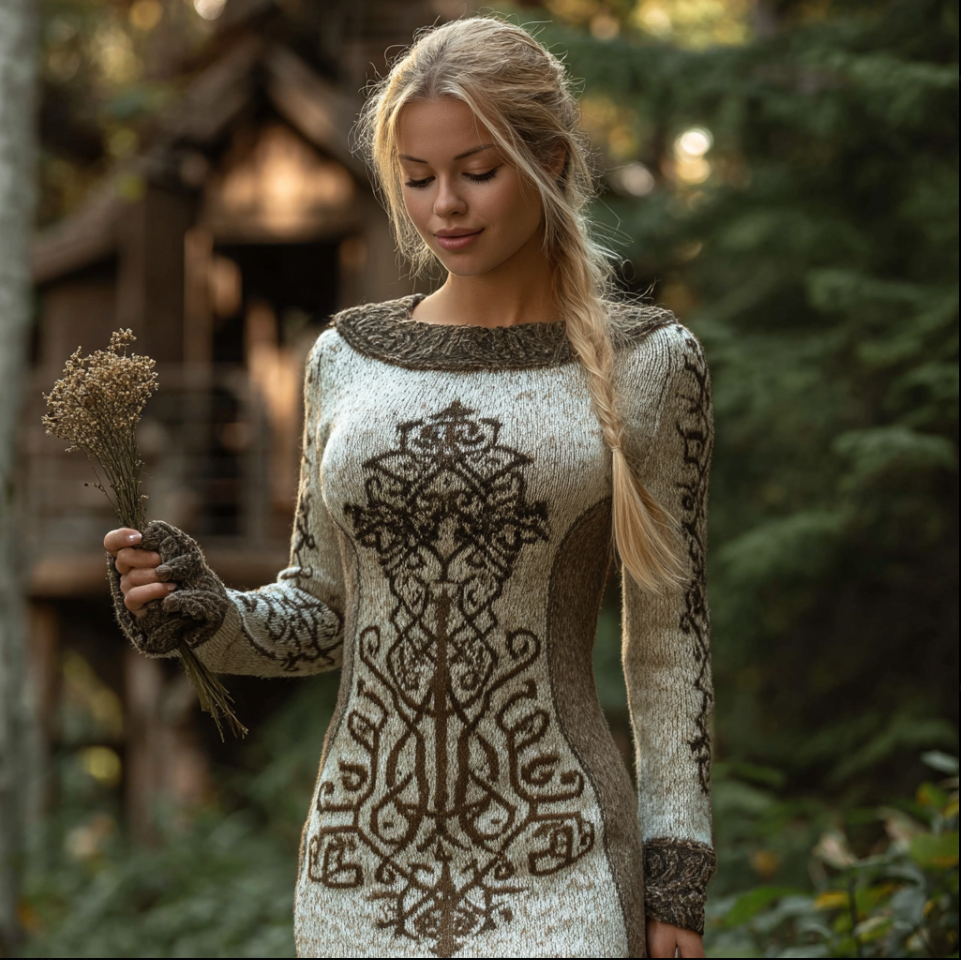 Comstylish Viking Retro Style Women's Round Neck Knitted Sweater Dress
