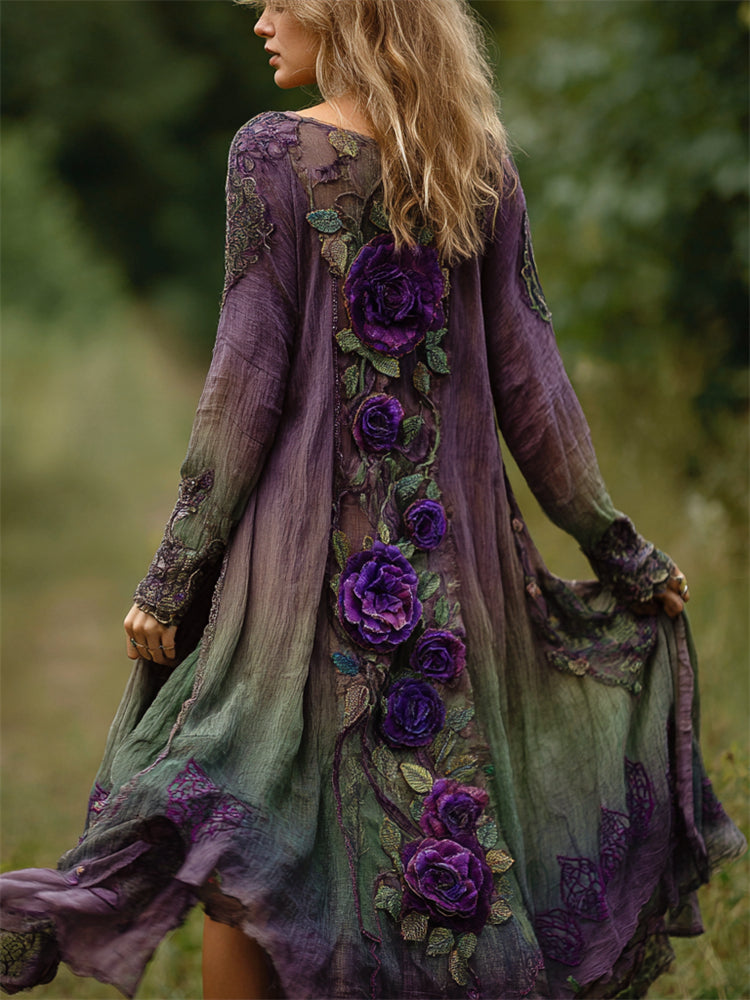Vintage Purple Roses Glitter Fiber Art Forest Gradient Flowy Linen Cardigan elevenforest
