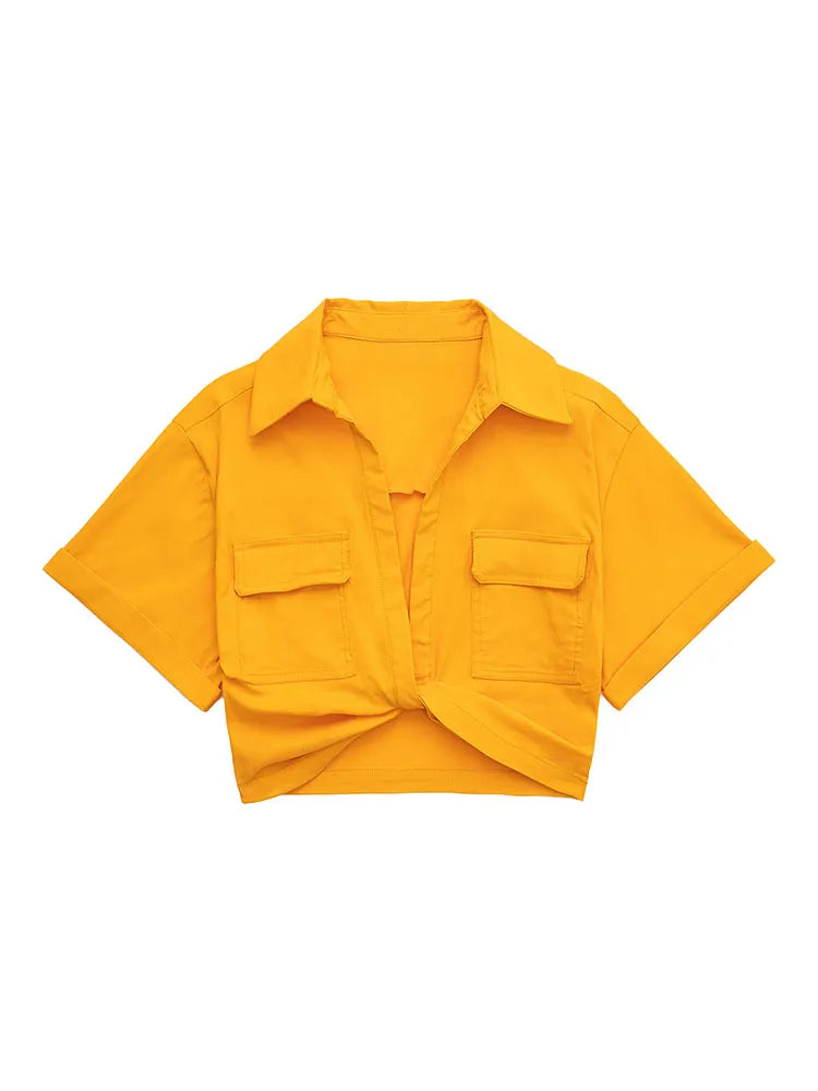 Safari Style Pockets Patch Knotted Linen Short Smock Blouse Lady Kimono Cropped Shirt Blusas Tops
