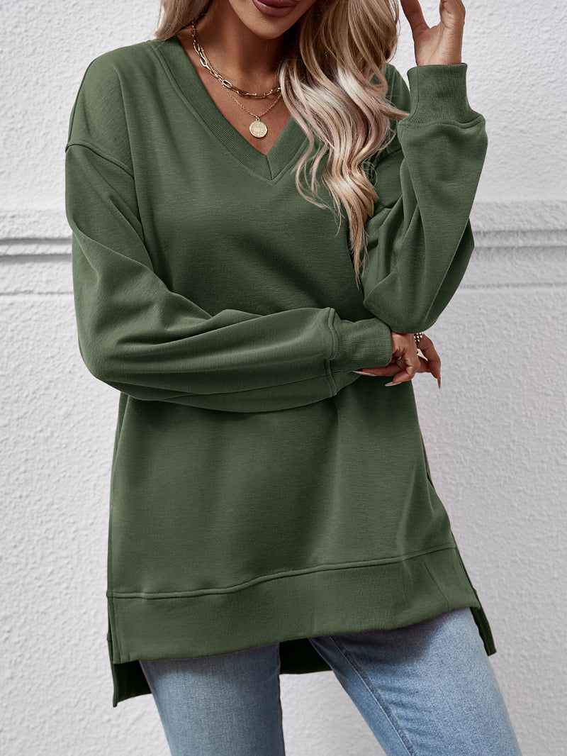 Autumn Winter Clothing Sweater Color V Neck Split Front Short Back Long Blouse