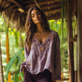 Vintage Bohemian Floral Gold Thread Embroidery Linen V-neck T-shirt elevenforest