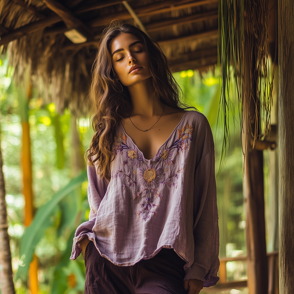 Vintage Bohemian Floral Gold Thread Embroidery Linen V-neck T-shirt elevenforest