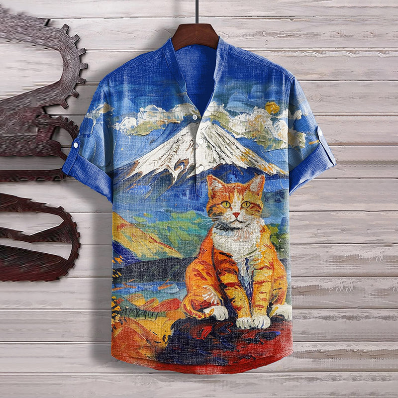 Men's Mount Fuji Cat Oil Painting Art Henry Collar Shirt elevenforest