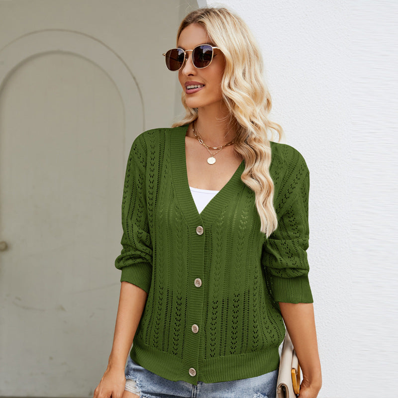 Dignified Hollow Out Cutout Knitted Cardigan Outer Wear Clothing All Matching V Neck Sweater