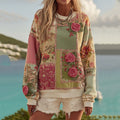 Women's Vintage Rose Floral Patchwork Crew Neck Casual Sweatshirt elevenforest