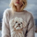 Comstylish Cute Fuzzy Dog Embroidered Crew Neck Cozy Sweater