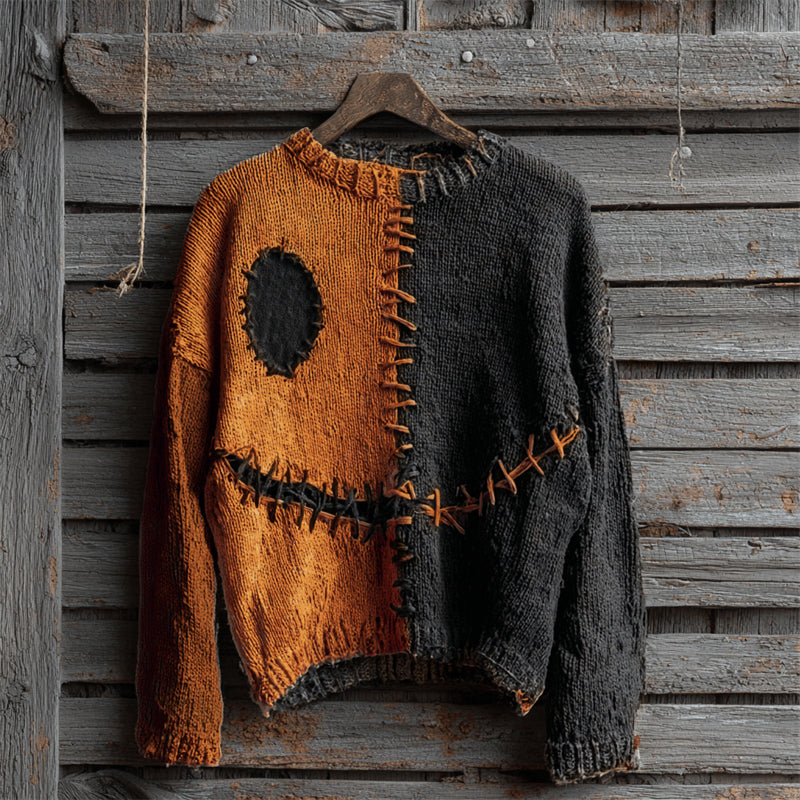 Halloween Spooky Face Contrast Stitched Cozy Knit Sweater elevenforest