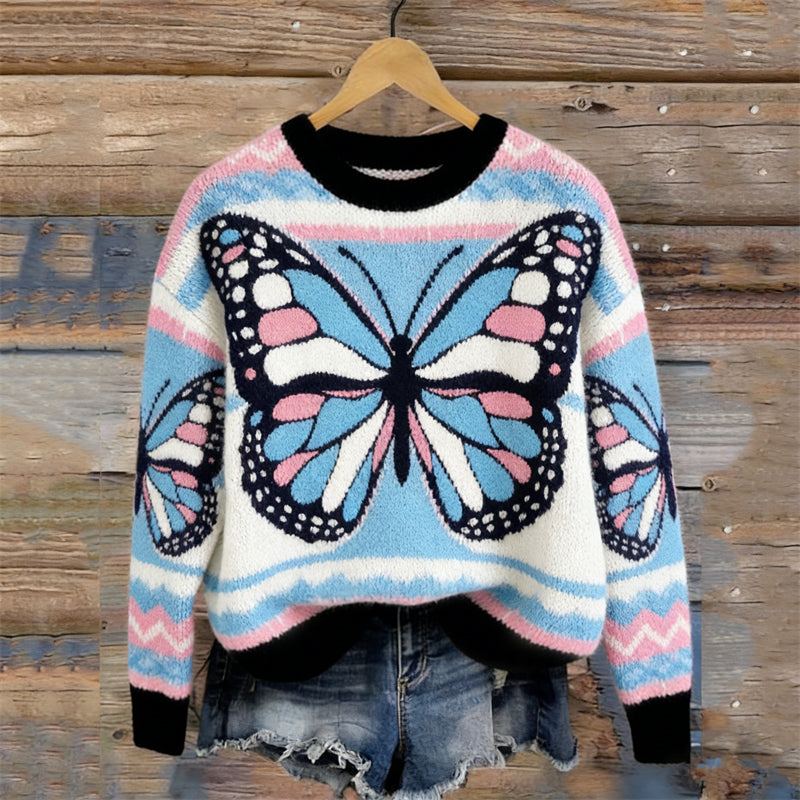 Comstylish Trans Flag Inspired Butterflies Cozy Knit Sweater