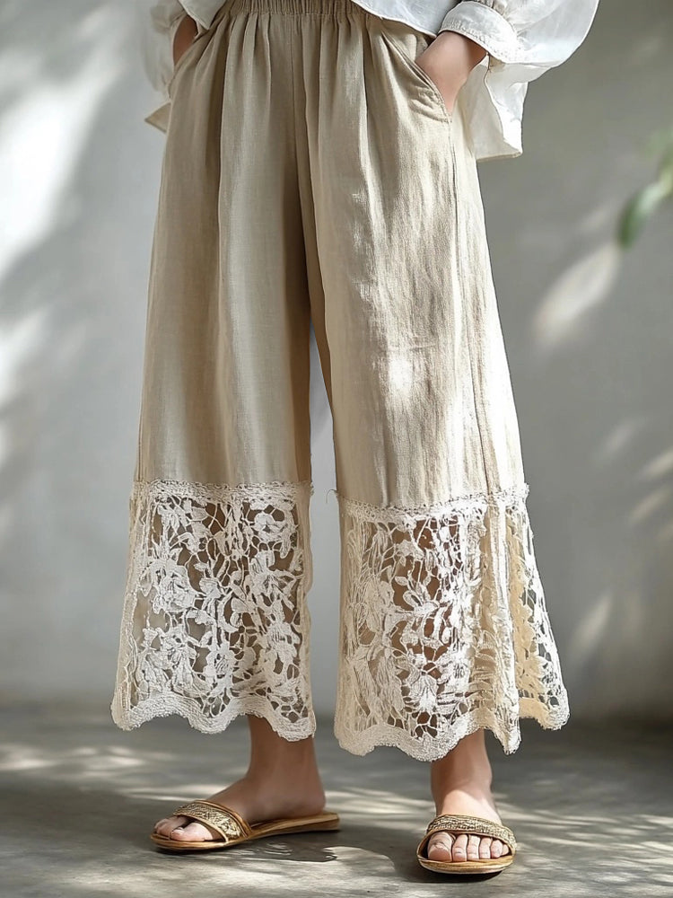 Vintage Hollow Floral Lace Patchwork Flowy Linen Pants elevenforest