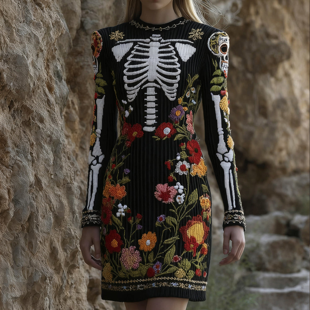 Women's Vintage Halloween Skeleton Bones And Flower Comfortable Elegant Sweater Dress elevenforest