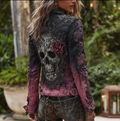 A Retro Women's Black-pink Gradient Denim Jacket With Gothic Skull And Floral Elements Design For Halloween elevenforest