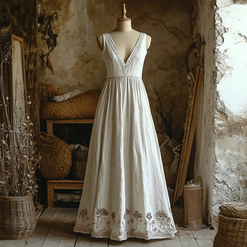 Vintage Floral Embroidered Linen V Neck Maxi Dress elevenforest