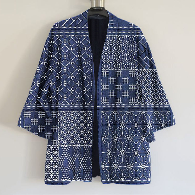 Vintage Japanese Traditional Sashiko Art  Print Linen Blend Kimono Cardigan elevenforest